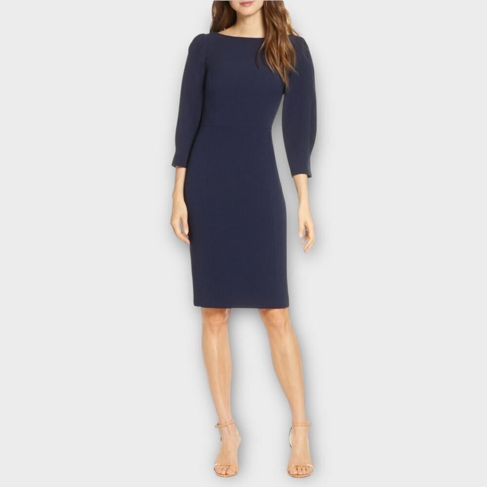 Eliza J Sheath Dress Women's 6 Navy Blue Knee Length Balloon Sleeve Boat Neck